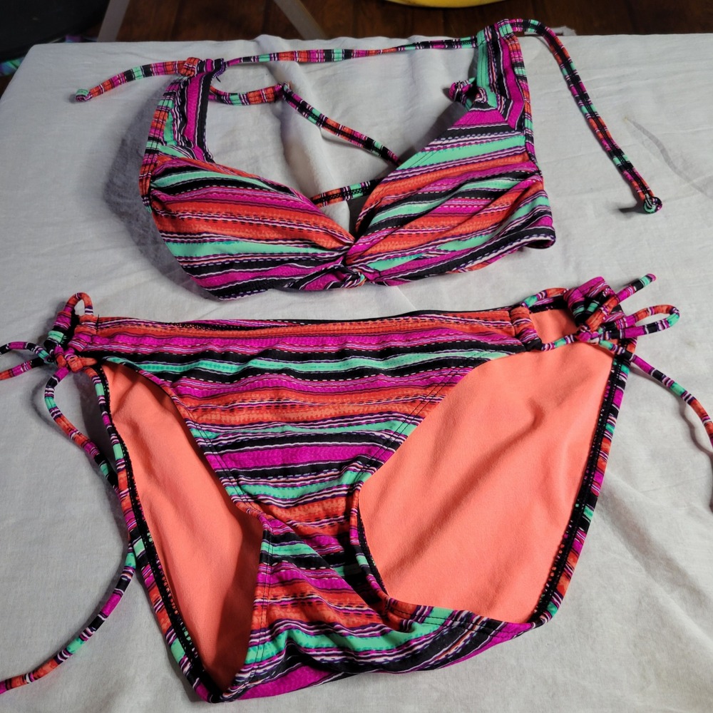 Athleta Striped Bikini Set Halter Twist Top Side Tie Bottoms Pink Orange Small